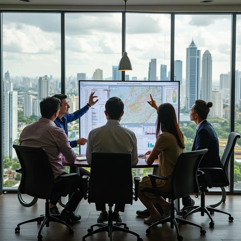 Team of diverse investment advisors analyzing Philippine market data